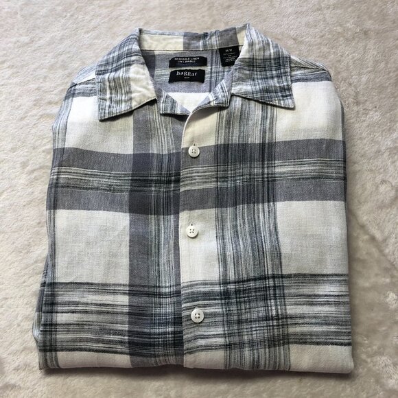 Haggar Men's Linen Plaid Grey & White Short Sleeve Button Down Shirt Size M - Picture 3 of 9